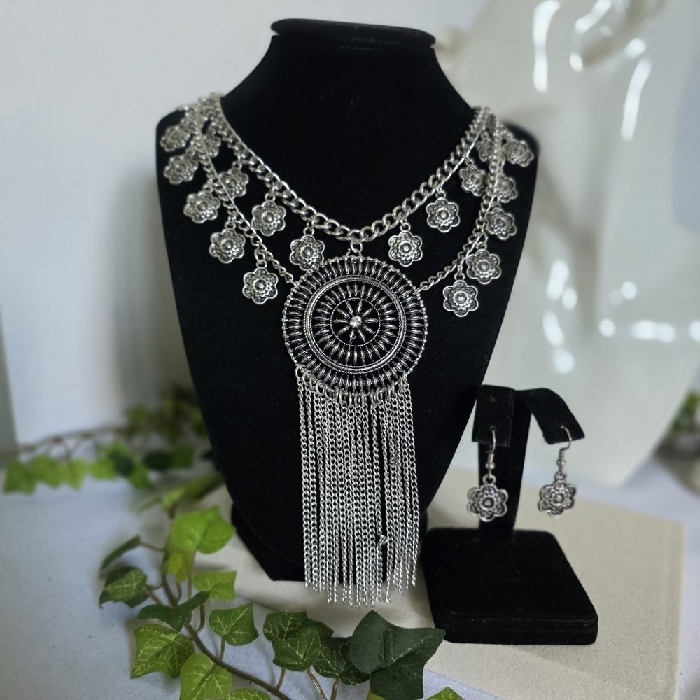 Statement Silver Necklace with Flower Charms Medallion Fringe Earrings Set